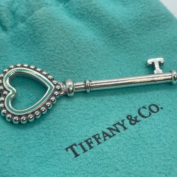 Tiffany & Co. AG 925 Sterling Silver Large Heart Key Beaded Pendant Blue Enamel - Picture 3 of 8